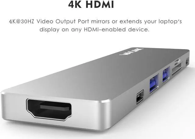 Alt view image 4 of 7 - Wavlink Aluminum USB-C Hub Adapter for both 13" and 15" MacBook Pro, Thunderbolt 3 Mini Dock - 5K 40GbS, 4K HDMI, Pass-Through Charging, USB-C Port, 2 USB 3.0, SD/Micro SD Card Reader  - Silver