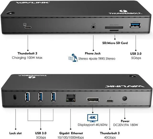 Alt view image 2 of 7 - WAVLINK Thunderbolt 3 Dock-180W DC Power Adapter (85W Charging) Dual 4K@60Hz Display,2X Thunderbolt 3 up to 40Gb/s, DP1.2, 4X USB 3.0 Ports, SD Card Slot, LAN for Mac/Windows Thunderbolt 3 Laptops PC