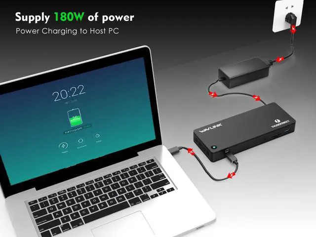 Alt view image 6 of 7 - WAVLINK Thunderbolt 3 Dock-180W DC Power Adapter (85W Charging) Dual 4K@60Hz Display,2X Thunderbolt 3 up to 40Gb/s, DP1.2, 4X USB 3.0 Ports, SD Card Slot, LAN for Mac/Windows Thunderbolt 3 Laptops PC