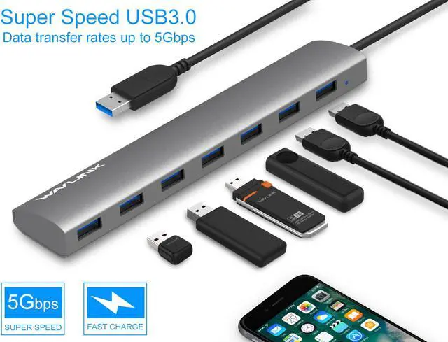 Alt view image 2 of 7 - Wavlink 7-Port USB Hub Bus Aluminum Body 9.5" Built-in USB 3.0 Cable Plug and Play Multi-function USB Exterior Extender with 5V 4A US AC Power Adapter for PC MacBook Ultrabook Tablet-Gray