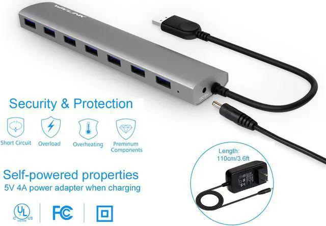 Alt view image 4 of 7 - Wavlink 7-Port USB Hub Bus Aluminum Body 9.5" Built-in USB 3.0 Cable Plug and Play Multi-function USB Exterior Extender with 5V 4A US AC Power Adapter for PC MacBook Ultrabook Tablet-Gray