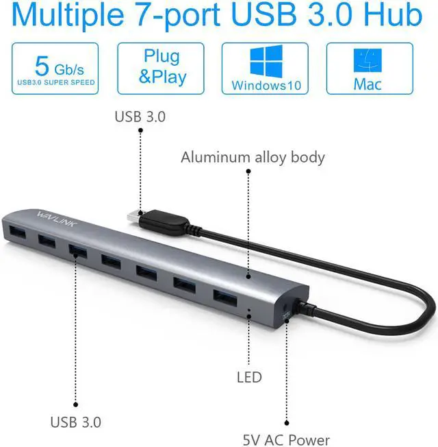 Alt view image 5 of 7 - Wavlink 7-Port USB Hub Bus Aluminum Body 9.5" Built-in USB 3.0 Cable Plug and Play Multi-function USB Exterior Extender with 5V 4A US AC Power Adapter for PC MacBook Ultrabook Tablet-Gray