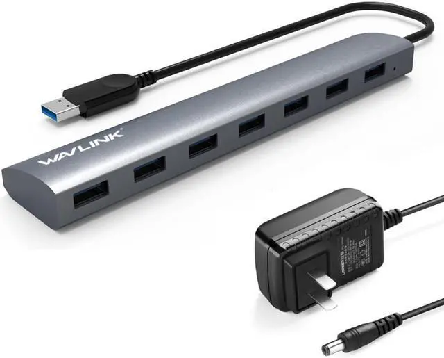 Main image of Wavlink 7-Port USB Hub Bus Aluminum Body 9.5" Built-in USB 3.0 Cable Plug and Play Multi-function USB Exterior Extender with 5V 4A US AC Power Adapter for PC MacBook Ultrabook Tablet-Gray
