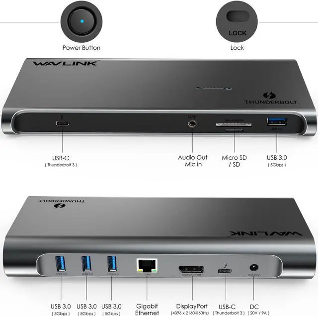 Alt view image 2 of 7 - WavlinkThunderbolt 3 Docking Station With 85W Power Delivery, Dual 4K Single 5K @60Hz, 2 Thunderbolt 3 Type-C, 4xUSB 3.0,Gigabit Ethernet, 1 DisplayPort, SD/Micro SD Card Reader, Intel Certified
