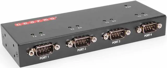 Main image of Gearmo Industrial USB 4 Port Serial RS-232 adapter w/FTDI Chipset, COM Retention, RX/TX LED Indicators, DIN Rail Mount Bracket, & Surface Mounting Brackets