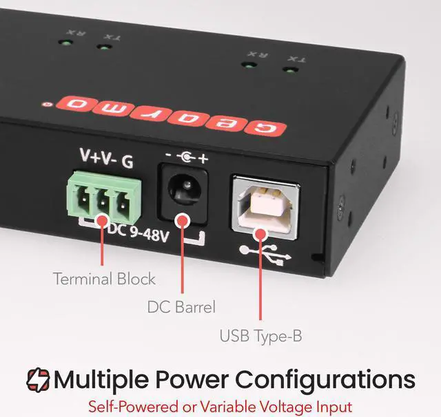 Alt view image 3 of 6 - Gearmo Industrial USB 4 Port Serial RS-232 adapter w/FTDI Chipset, COM Retention, RX/TX LED Indicators, DIN Rail Mount Bracket, & Surface Mounting Brackets