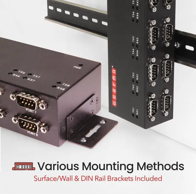 Alt view image 5 of 7 - Gearmo Industrial USB 8 Port Serial RS-232 adapter w/FTDI Chipset, COM Retention, RX/TX LED Indicators, DIN Rail Mount Bracket, & Surface Mounting Brackets