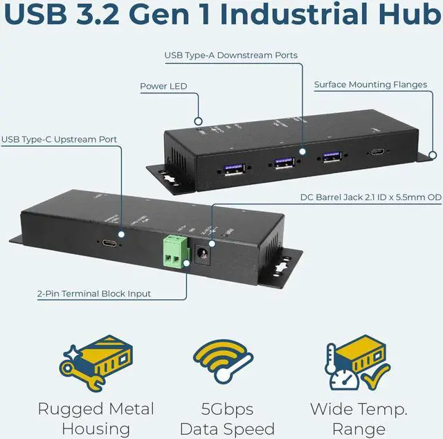 Alt view image 7 of 7 - Coolgear Industrial 4 Port USB 3.2 Gen 1 Type-C Power Delivery Hub w/Surge Protection, Variable Voltage Input & Surface Mountable