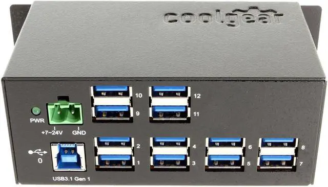Alt view image 2 of 7 - Coolgear 12-Port USB 3.2 Gen1 w/15KV ESD Surge Protection DIN Rail Mount