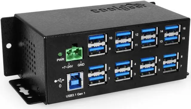 Alt view image 4 of 7 - Coolgear Industrial 16 Port USB 3.2 Hub with 5Gbps Speed, Surge Protection & Mounting Options