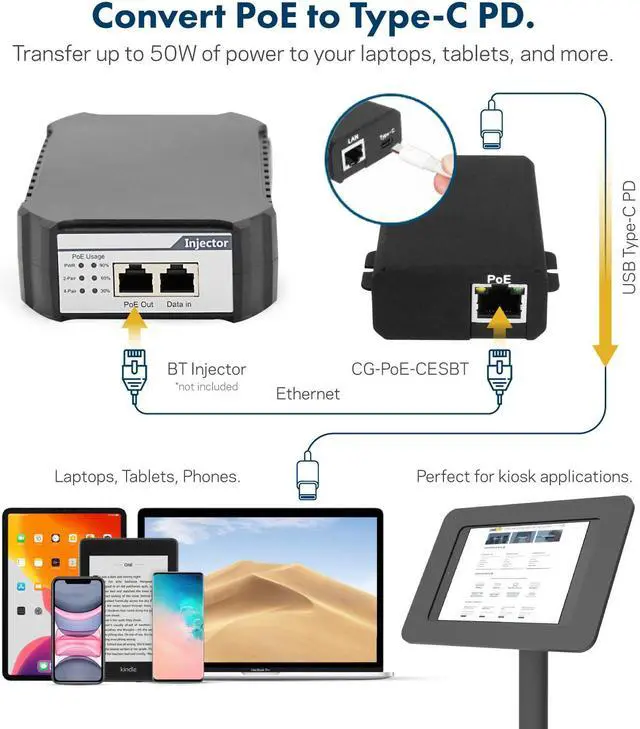 Alt view image 3 of 6 - Coolgear 50W PoE to USB-C PD Power Adapter, 802.3 BT Compliant