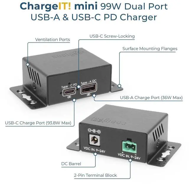 Alt view image 3 of 5 - Coolgear ChargeIT! Mini 99W Dual Port USB Charger | USB-C PD 3.0, USB-A QC 3.0 & PPS | UL & IEC Compliant