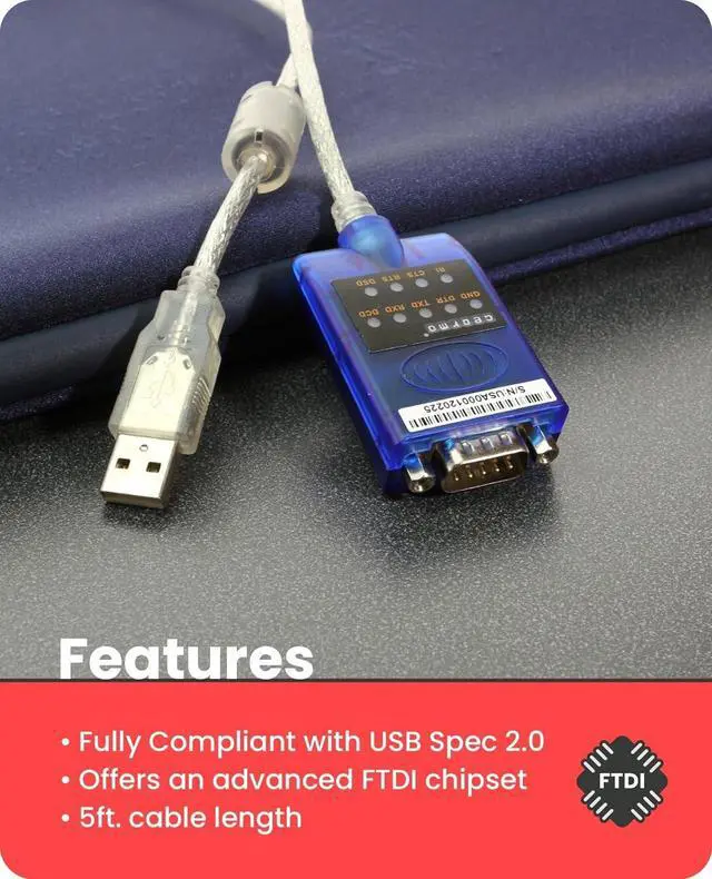 Alt view image 5 of 8 - Gearmo USB to Serial RS-232 Adapter with LED Indicators, FTDI Chipset, Supports Windows 11/10/8.1/8/7/, Mac OS X 10.6 and Above