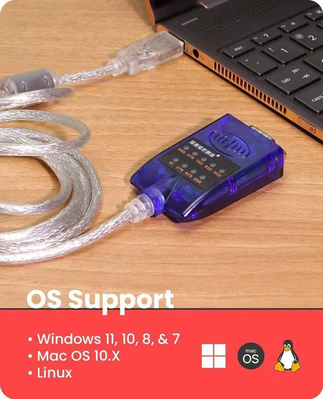 Alt view image 3 of 8 - Gearmo USB to Serial RS-232 Adapter with LED Indicators, FTDI Chipset, Supports Windows 11/10/8.1/8/7/, Mac OS X 10.6 and Above