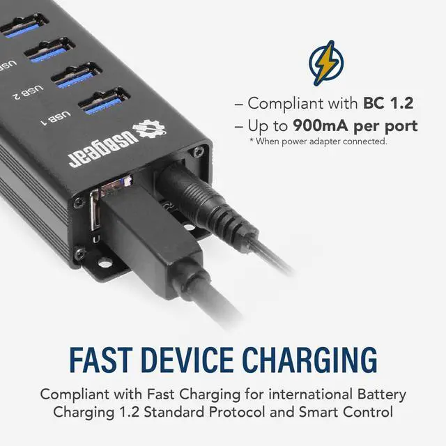 Alt view image 4 of 6 - USBGear 4-Port USB 3.2 Gen 1 Mountable Charging and SuperSpeed Data Hub with 5V/2A Power Adapter and USB Type-A to Type-B Cable Up to 900mA per Port Charging Function Wall and Surface Mounting