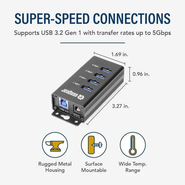 Alt view image 2 of 6 - USBGear 4-Port USB 3.2 Gen 1 Mountable Charging and SuperSpeed Data Hub with 5V/2A Power Adapter and USB Type-A to Type-B Cable Up to 900mA per Port Charging Function Wall and Surface Mounting