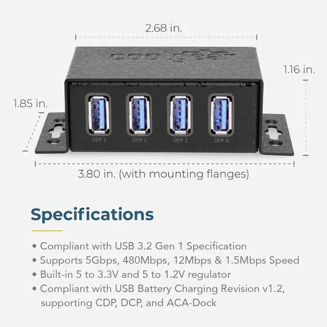Alt view image 5 of 7 - Coolgear USB 3.2 Powered 4-Port Mini Hub, 5Gbps Fast Data Transfer with ESD & Surge Protection  Durable and Mountable USB Hub