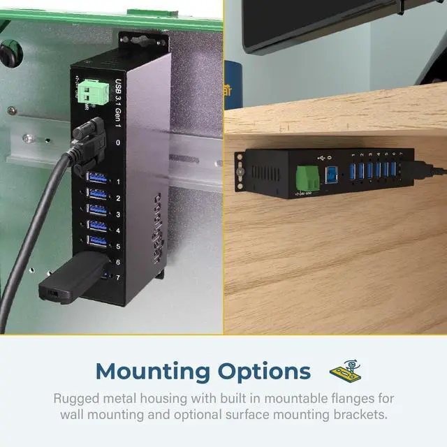 Alt view image 3 of 6 - Coolgear Industrial 7-Port USB 3.2 Hub with Screw-Locking Ports, 5Gbps Speeds, and Surge Protection
