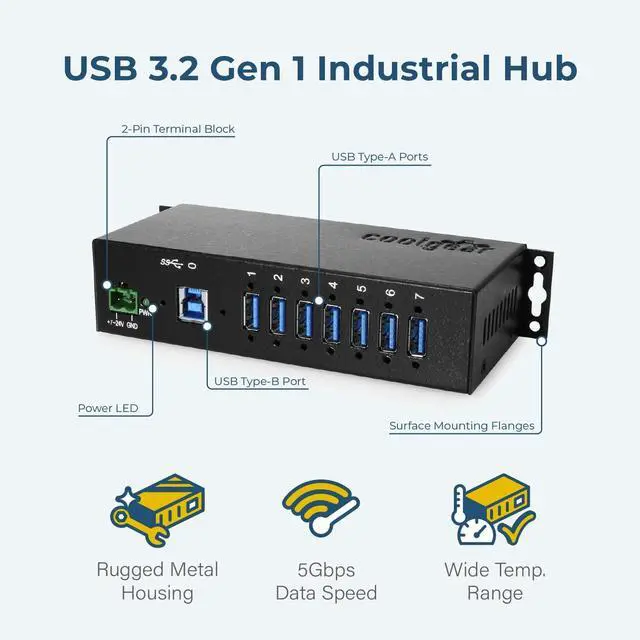 Alt view image 2 of 6 - Coolgear Industrial 7-Port USB 3.2 Hub with Screw-Locking Ports, 5Gbps Speeds, and Surge Protection