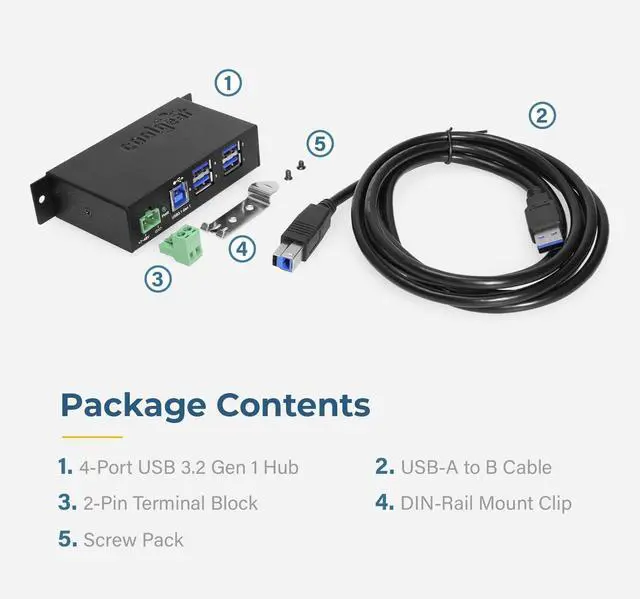 Alt view image 5 of 7 - Coolgear 4 Port USB 3.2 Gen 1 Powered Hub w/ ESD Surge Protection, DIN Rail Clip, Metal Enclosure