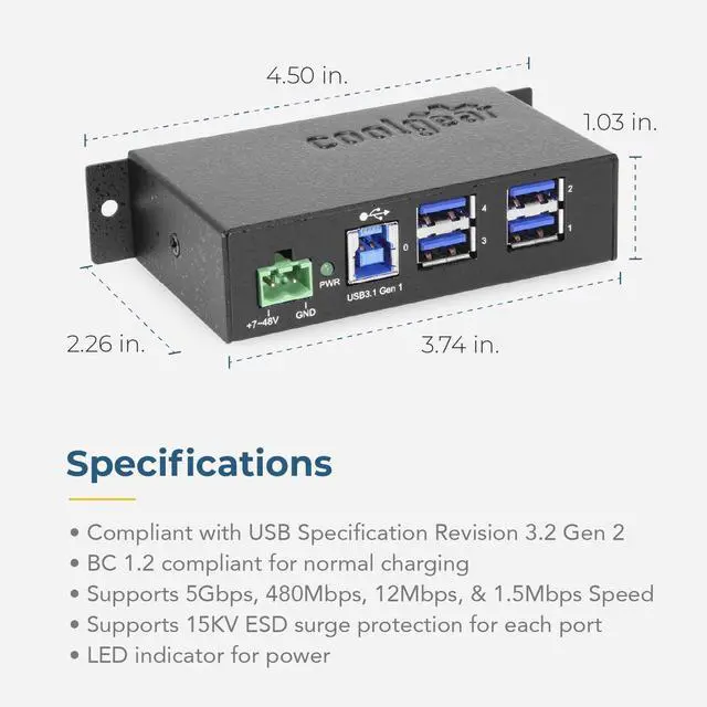 Alt view image 4 of 7 - Coolgear 4 Port USB 3.2 Gen 1 Powered Hub w/ ESD Surge Protection, DIN Rail Clip, Metal Enclosure