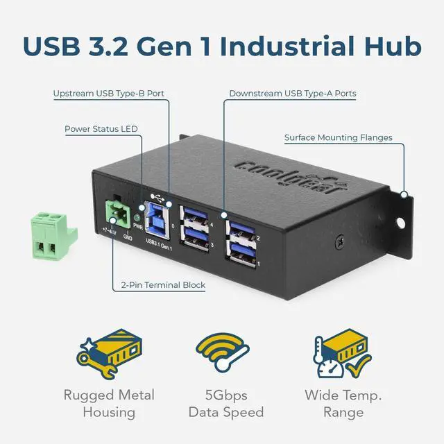 Alt view image 2 of 7 - Coolgear 4 Port USB 3.2 Gen 1 Powered Hub w/ ESD Surge Protection, DIN Rail Clip, Metal Enclosure