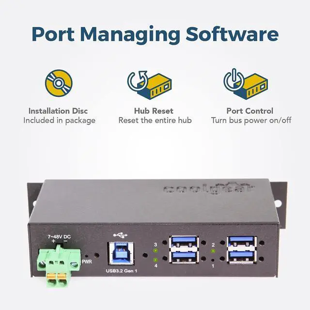 Alt view image 3 of 7 - Coolgear 4 Port Managed USB 3.2 Gen 1 Hub with 15KV ESD Surge Protection and Individual Port Control for PCs