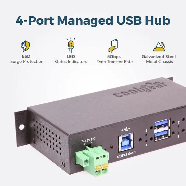 Alt view image 2 of 7 - Coolgear 4 Port Managed USB 3.2 Gen 1 Hub with 15KV ESD Surge Protection and Individual Port Control for PCs