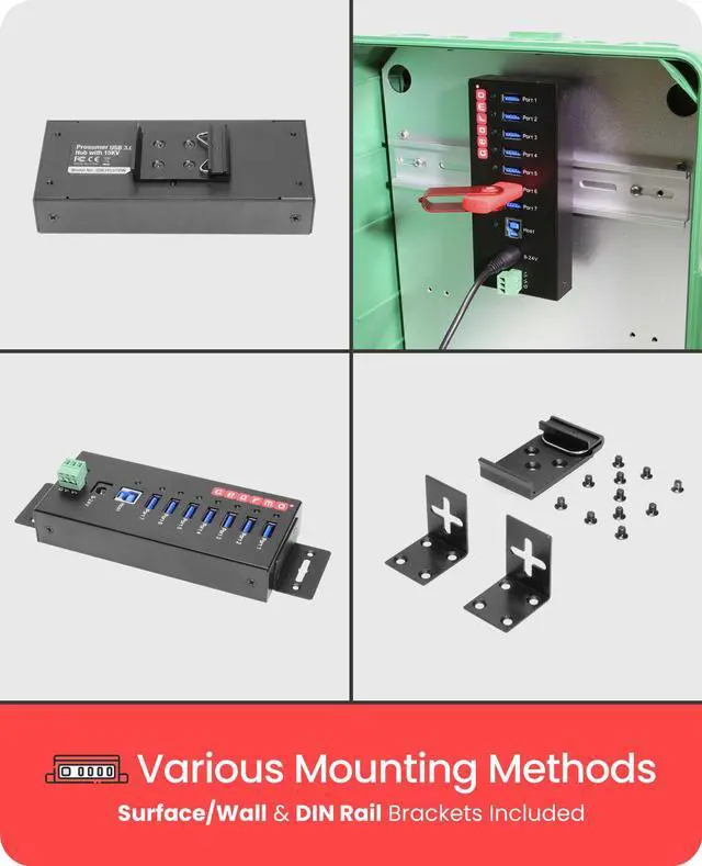 Alt view image 4 of 7 - Gearmo USB 3.0 7 Port Industrial Metal Hub w/15KV ESD Protection & Mounting