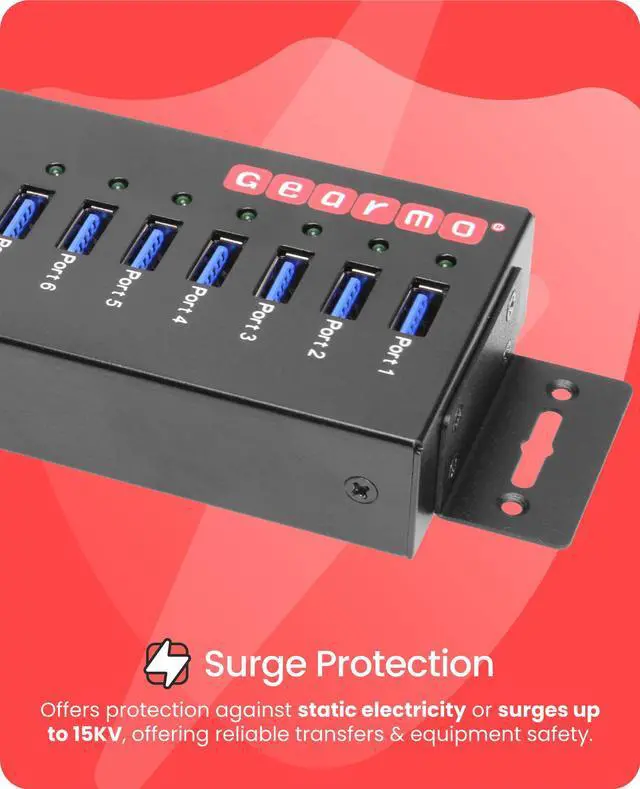 Alt view image 2 of 7 - Gearmo USB 3.0 7 Port Industrial Metal Hub w/15KV ESD Protection & Mounting