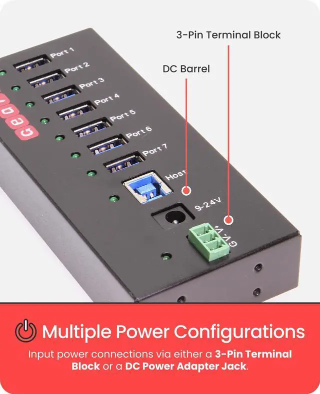 Alt view image 3 of 7 - Gearmo USB 3.0 7 Port Industrial Metal Hub w/15KV ESD Protection & Mounting