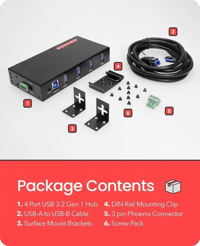 Alt view image 5 of 7 - Gearmo 4-Port USB 3.0 Rugged Industrial DIN Rail & Surface Mount Hub