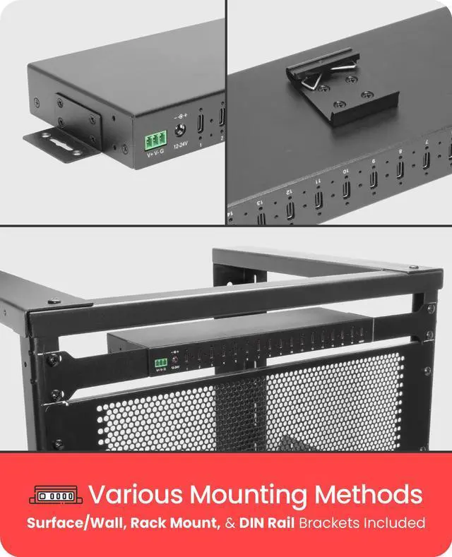 Alt view image 4 of 7 - Gearmo 16-Port USB 3.2 Gen 2 Type-C Industrial Rack Mount Compatible Hub w/ ESD Surge Protection
