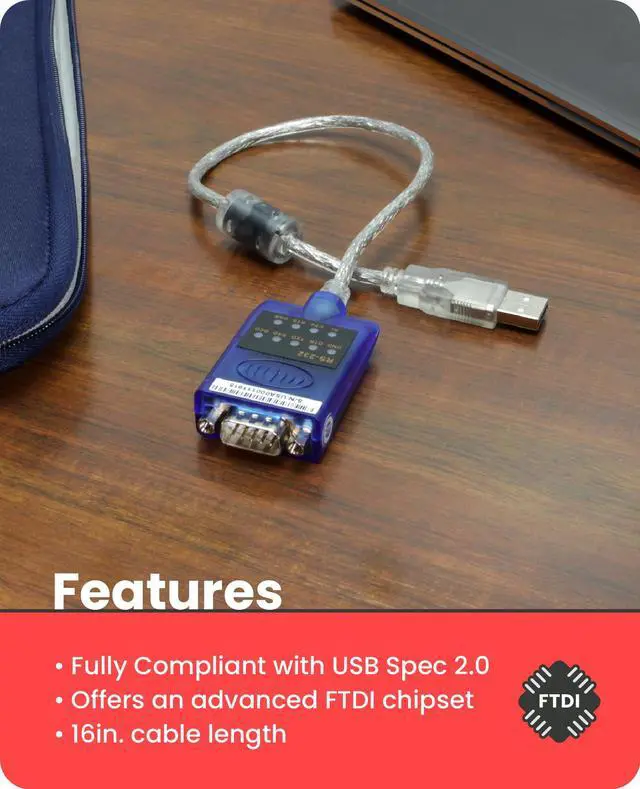 Alt view image 6 of 7 - Gearmo 16in. USB 2.0 to RS-232 Serial Converter w/ LED Indicators & FTDI