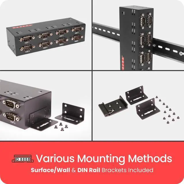 Alt view image 4 of 6 - Gearmo Industrial USB 8 Port Serial RS-232 adapter w/FTDI Chipset, COM Retention, RX/TX LED Indicators, DIN Rail Mount Bracket, & Surface Mounting Brackets