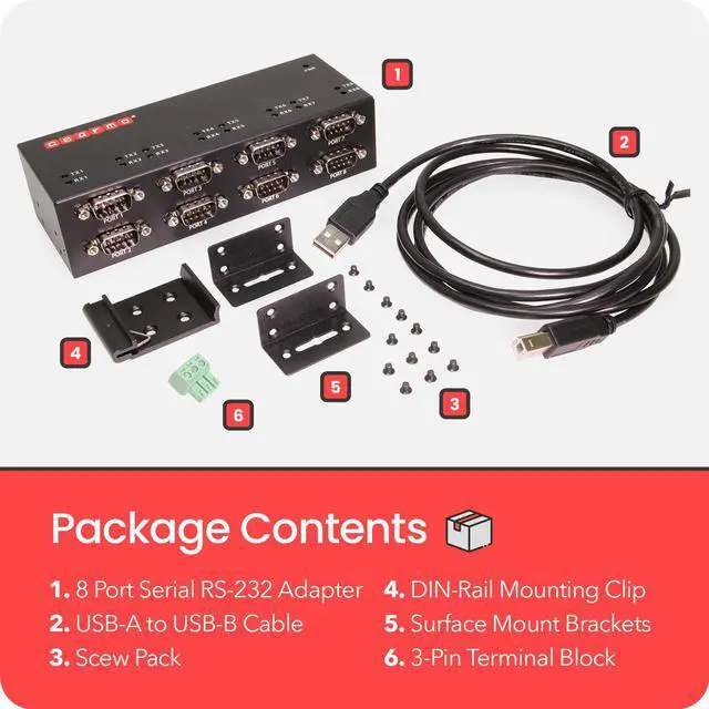 Alt view image 5 of 6 - Gearmo Industrial USB 8 Port Serial RS-232 adapter w/FTDI Chipset, COM Retention, RX/TX LED Indicators, DIN Rail Mount Bracket, & Surface Mounting Brackets