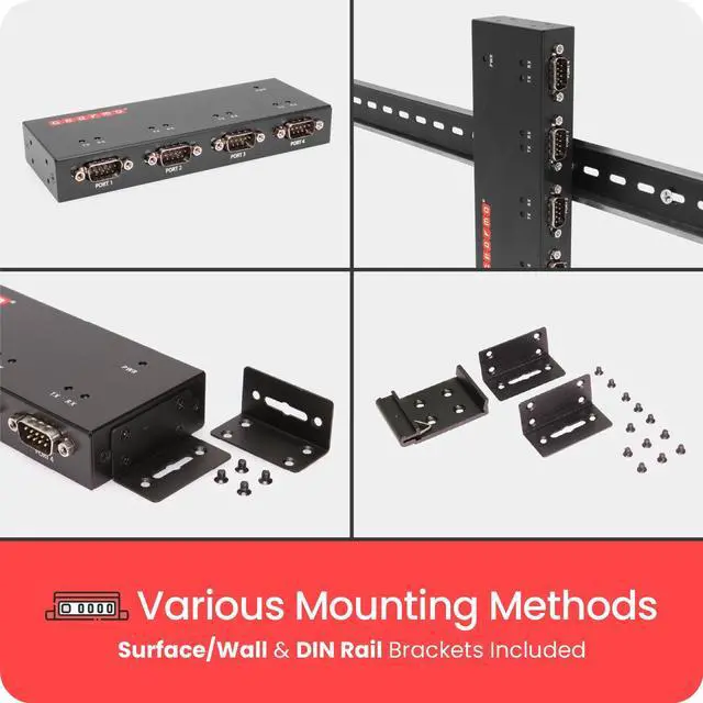 Alt view image 4 of 6 - Gearmo Industrial USB 4 Port Serial RS-232 adapter w/FTDI Chipset, COM Retention, RX/TX LED Indicators, DIN Rail Mount Bracket, & Surface Mounting Brackets