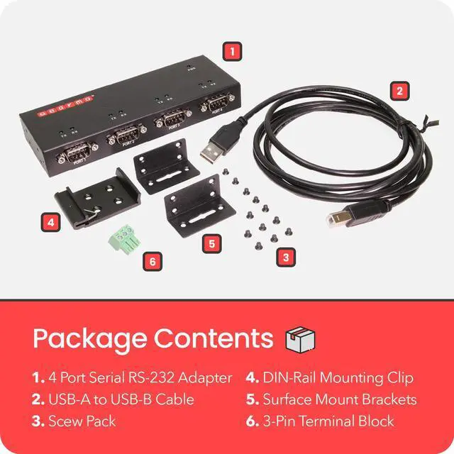 Alt view image 5 of 6 - Gearmo Industrial USB 4 Port Serial RS-232 adapter w/FTDI Chipset, COM Retention, RX/TX LED Indicators, DIN Rail Mount Bracket, & Surface Mounting Brackets