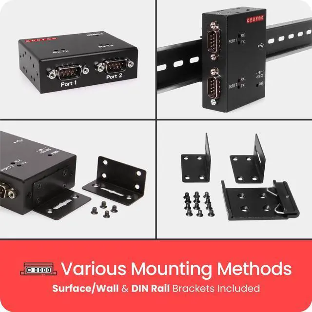 Alt view image 4 of 7 - Gearmo USB Industrial 2-Port Serial RS-232 w/FTDI Chipset, RX/TX LED Indicators, DIN Rail Mount Bracket, & Surface Mounting Brackets