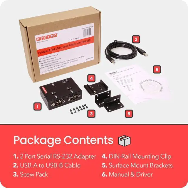 Alt view image 5 of 7 - Gearmo USB Industrial 2-Port Serial RS-232 w/FTDI Chipset, RX/TX LED Indicators, DIN Rail Mount Bracket, & Surface Mounting Brackets