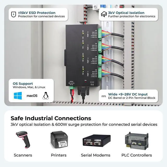 Alt view image 2 of 7 - Coolgear 4-Port USB Adapter for RS-232/422/485 via Terminal Block, DIP Switch Configurable, Optical Isolation, Surge & ESD Protection