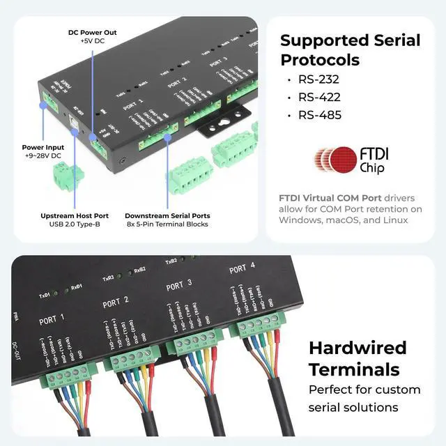 Alt view image 3 of 7 - Coolgear 4-Port USB Adapter for RS-232/422/485 via Terminal Block, DIP Switch Configurable, Optical Isolation, Surge & ESD Protection