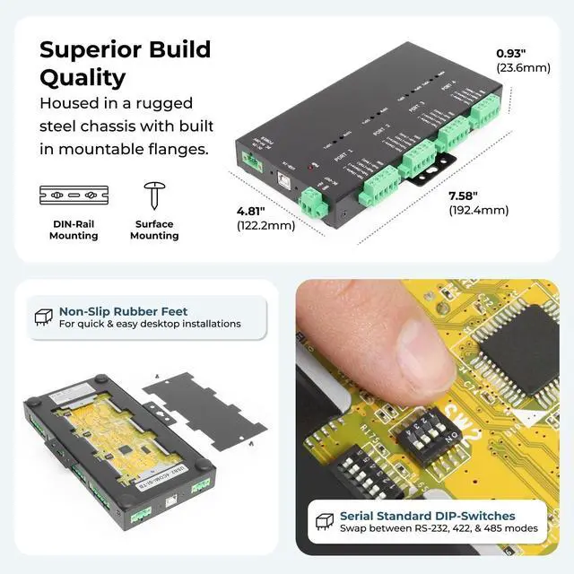 Alt view image 4 of 7 - Coolgear 4-Port USB Adapter for RS-232/422/485 via Terminal Block, DIP Switch Configurable, Optical Isolation, Surge & ESD Protection