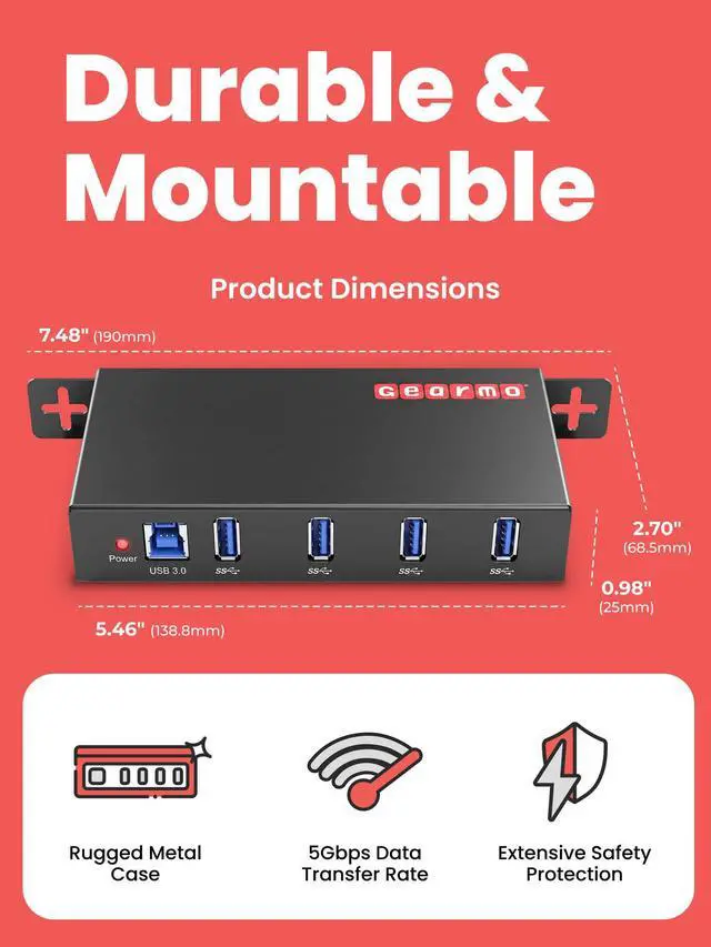 Alt view image 2 of 7 - Gearmo 4-Port USB 3.0 Rugged Industrial DIN Rail & Surface Mount Hub