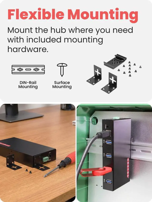 Alt view image 5 of 7 - Gearmo 4-Port USB 3.0 Rugged Industrial DIN Rail & Surface Mount Hub