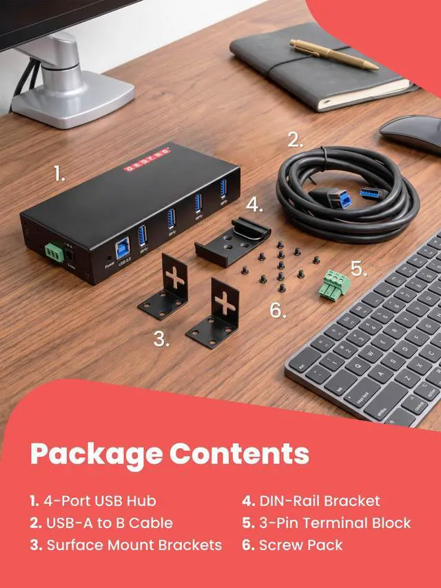 Alt view image 7 of 7 - Gearmo 4-Port USB 3.0 Rugged Industrial DIN Rail & Surface Mount Hub