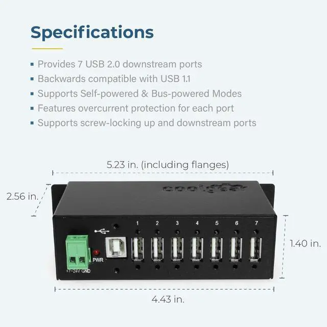 Alt view image 4 of 6 - Coolgear Industrial 7-Port USB 2.0 Hub with Secure Screw-Locking Ports | Surface & DIN-Rail Mountable | 480 Mbps Data