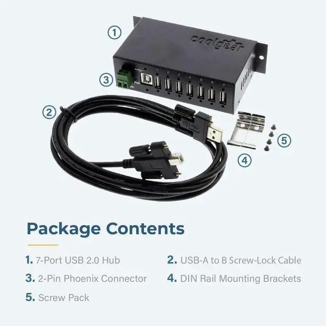 Alt view image 5 of 6 - Coolgear Industrial 7-Port USB 2.0 Hub with Secure Screw-Locking Ports | Surface & DIN-Rail Mountable | 480 Mbps Data