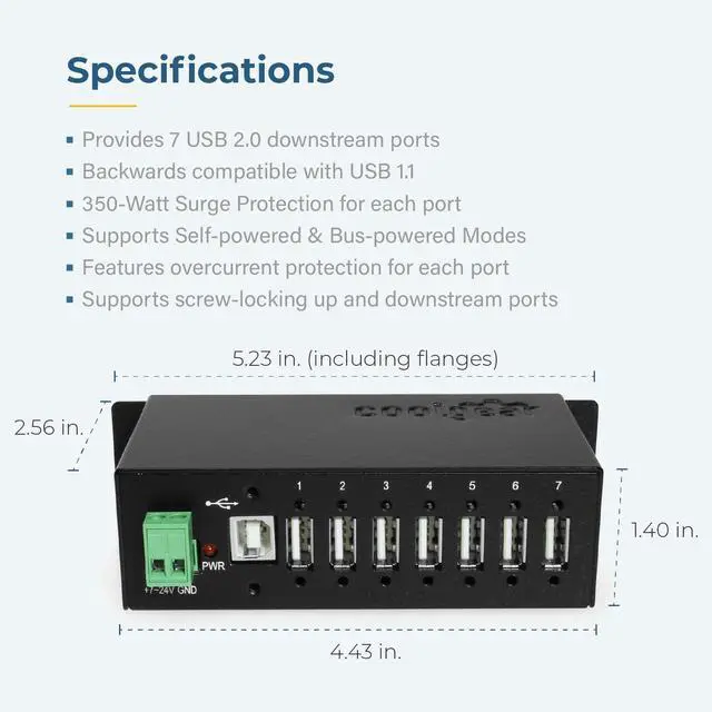 Alt view image 3 of 7 - Coolgear USB 2.0 7-Port hub with surge protection Din rail mounting - NEC chip