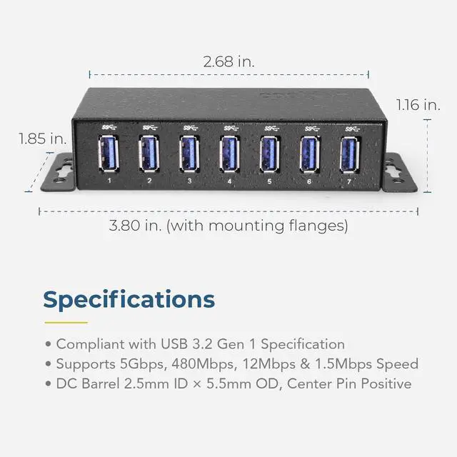 Alt view image 5 of 6 - Coolgear 7 Port USB 3.2 Gen 1 Mini Powered Hub w/ ESD Surge Protection & Power Adapter